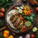 A close-up of grilled mexican bbq chicken in a vibrant Mexican-style marinade, served with fresh lime wedges, colorful vegetables, and garnished with cilantro on a rustic wooden plate