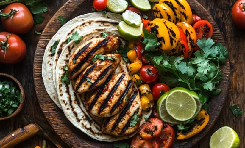 A close-up of grilled mexican bbq chicken in a vibrant Mexican-style marinade, served with fresh lime wedges, colorful vegetables, and garnished with cilantro on a rustic wooden plate