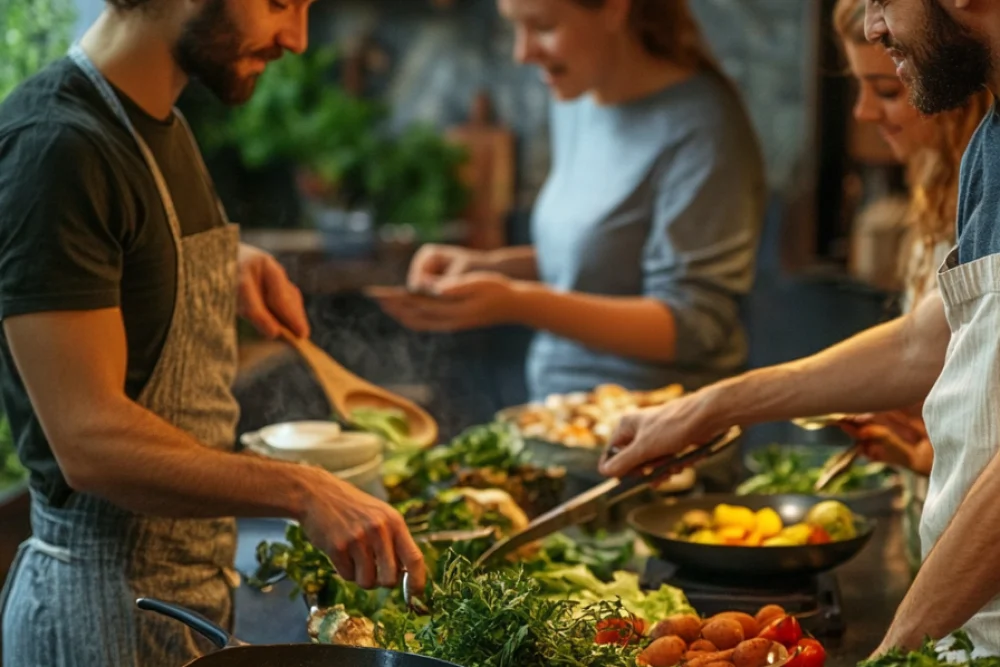 Group of friends cooking together in the kitchen, preparing a delicious meal, enjoying quality time and sharing cooking tips.